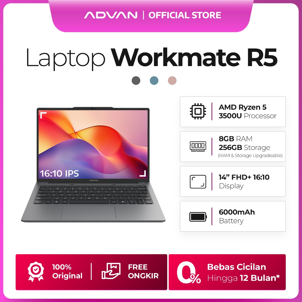 [FREE STAND LAPTOP] ADVAN Laptop WorkMate | Intel i3-1215U | 14 Inch FHD+ 16:10 IPS | 8GB/256GB Upgradable | WIFI 5 | Free WIndows 11 | Garansi Resmi 1 Tahun