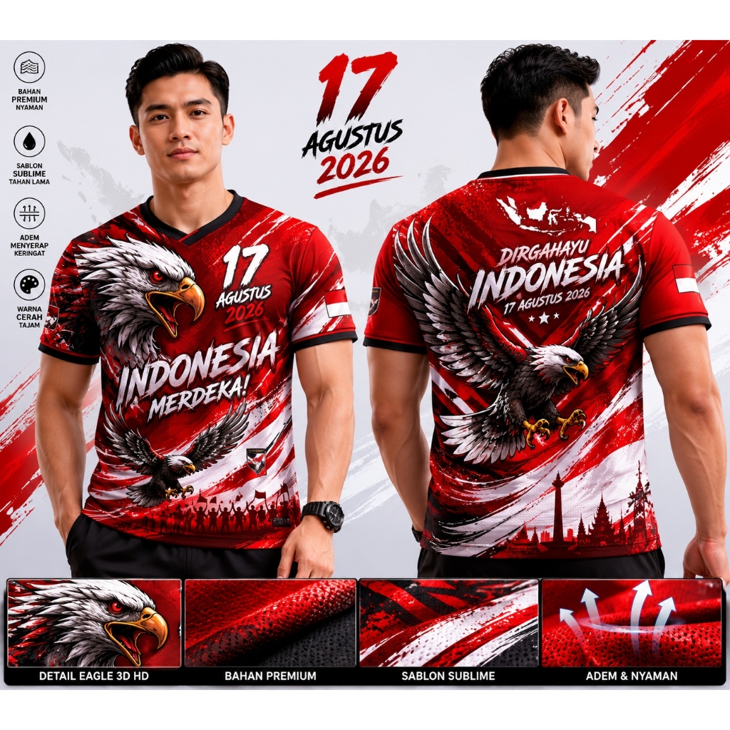 KAOS JERSEY 17 AGUSTUS 2026 DEWASA /KAOS 17 AGUSTUS 2026 BAHAN DRYFIT JERSEY/ KAOS KEMERDEKAAN MERAH PUTIH HUT RI 2026/ KAOS JERSEY KEMERDEKAAN 17 AGUSTUS 2026 PRIA WANITA DEWASA