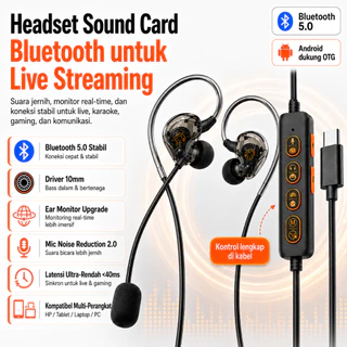 NETPAC  Sound Card Bluetooth 5.0 Earphone Live Streaming Karaoke, Koneksi Stabil, Latensi Rendah <40ms, Suara Jernih Bass Dalam, 6 Mode Efek Suara, Kompatibel PC Type-C Monitor Real-Time