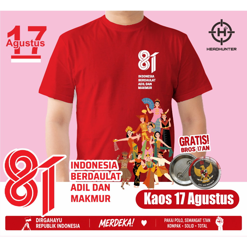 KAOS PANITIA 17 AGUSTUS 2026 LENGAN PENDEK HUT RI KE-81 LOGO OFFICIAL KEMERDEKAAN BAJU MERAH PUTIH BAHAN COTTON COMBED 30S ANAK DEWASA BISA PAKAI WANITA DAN PRIA FREE PIN PREMIUM