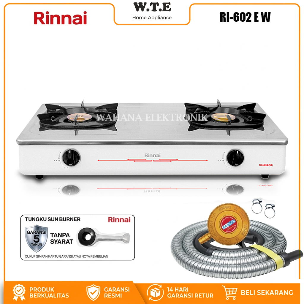 RINNAI Kompor Gas 2 Tungku Rinnai RI-602E (W) Putih Stainless Steel Top Plate Buka Tutup + Selang Regulator SNI / RI 602E W / RI602EW