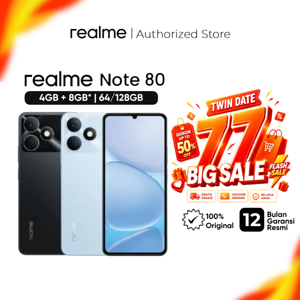 realme Note 80 4GB+8GB*|128GB (Desain Tangguh | 6300mAh Baterai | Proteksi ArmorShell™ | Jaminan Lancar Hingga 48-bulan | IP54)