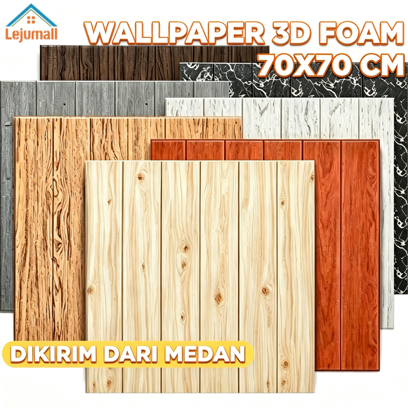 Lejumall Wallpaper 3D Foam 70cm X 70cm Motif Kayu Wood Vintage Dekorasi Dinding Kamar Cafe