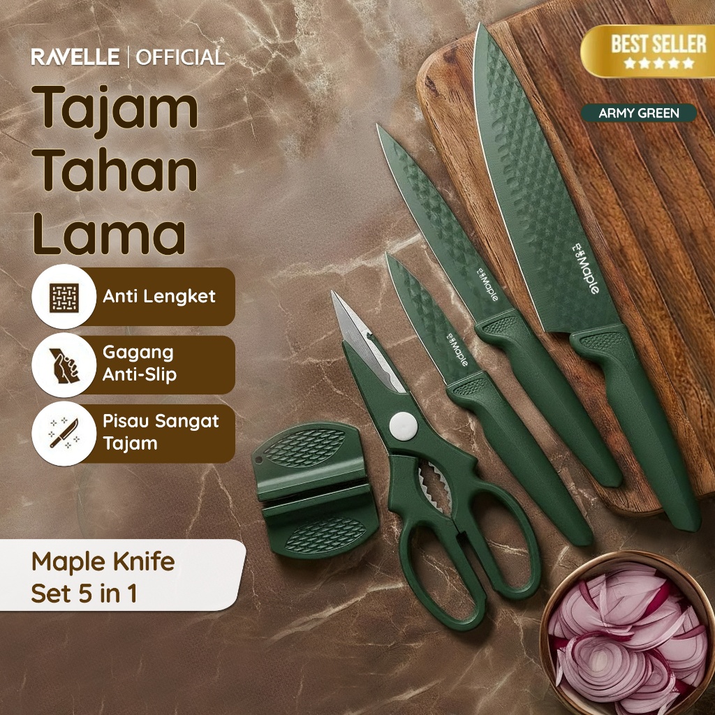 Ravelle - Maple sparkle knife set / Pisau set stainless steel anti lengket + gunting dapur tajam