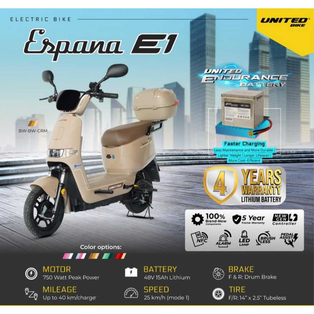 Sepeda Listrik UNITED ESPANA E1 750Watt Ada Bagasi belakng Garansi Resmi Terbaru
