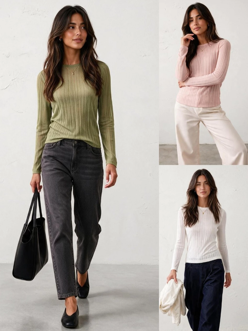 Kaos Lengan Panjang Bahan Rib BR Sheer Ribbed Long-Sleeves Top - 2847