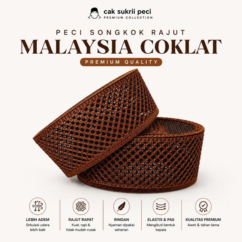PECI SONGKOK KOPIAH RAJUT MALAYSIA COKLAT PREMIUM / PECI SONGKOK KOPIAH RAJUT HANDMADE MODEL ROTAN