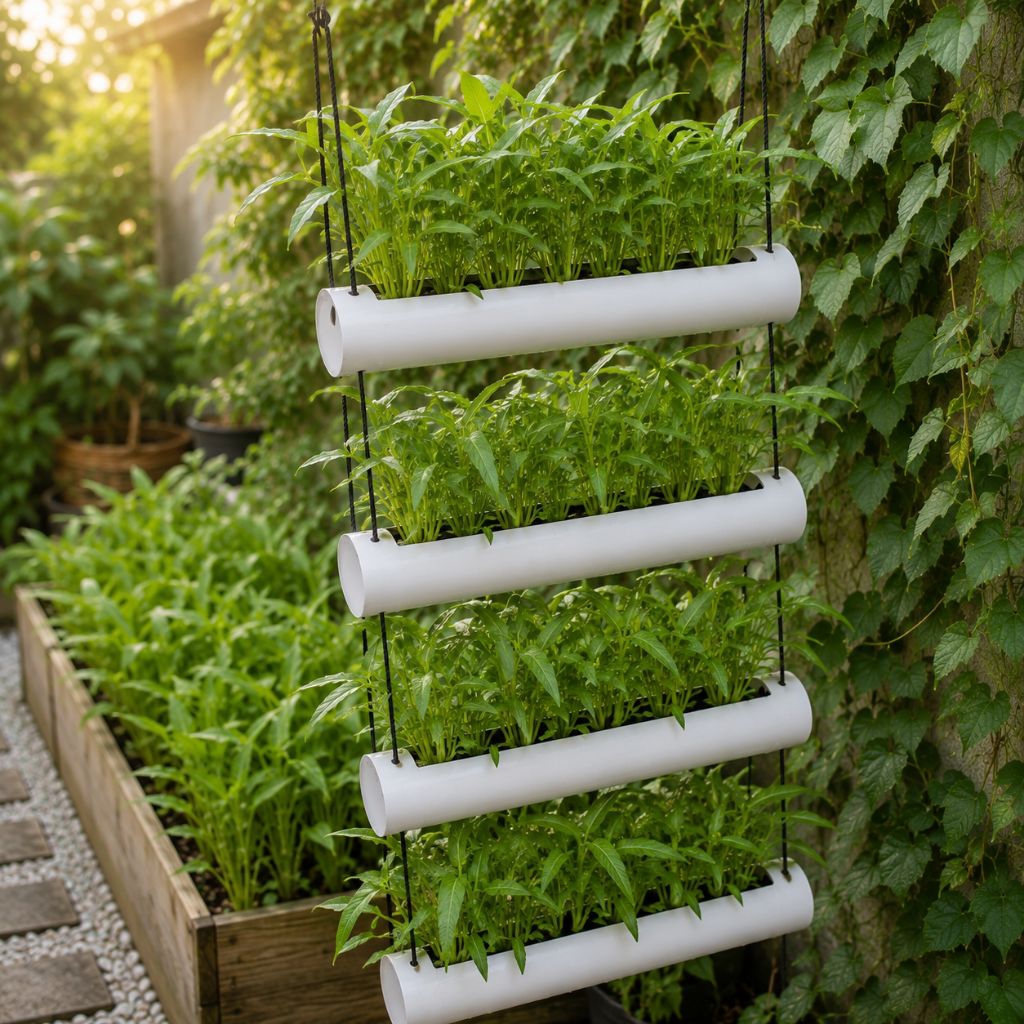 Pot Tower Hidroponik Gantung 4 Susun 45 CM PVC Premium | Vertical Garden Hemat Ruang | Rak Tanam Sayuran Kangkung, Bayam, Selada, Pakcoy | Pot Tanam Gantung Minimalis untuk Balkon, Teras, Pagar & Kebun Rumah