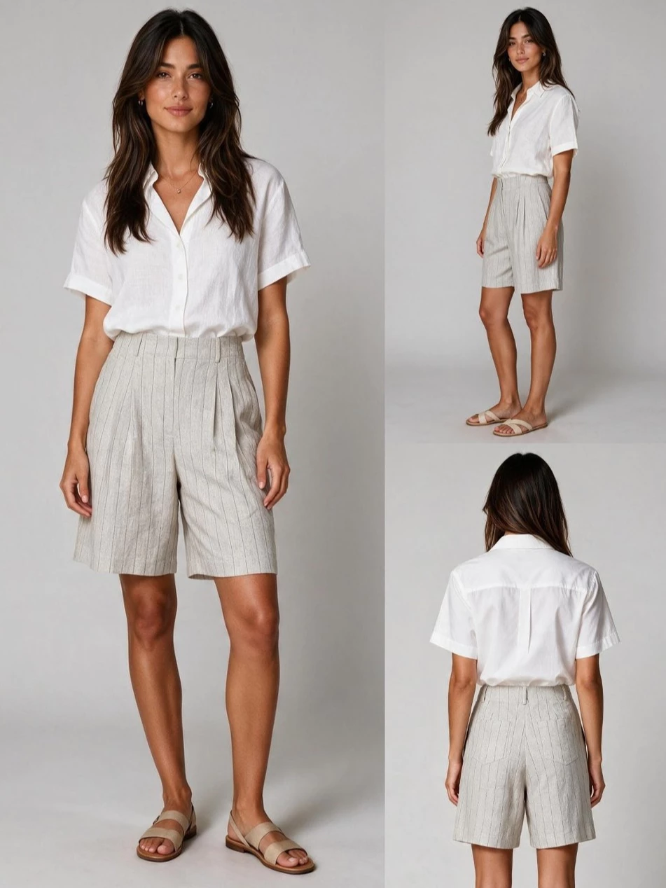 Celana Pendek Wanita Bahan Linen WT High-Waisted Linen-Blend Bermuda Pants - 2857