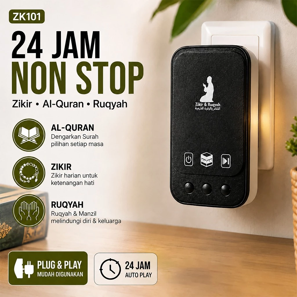 ZIKI 101 Speaker Quran 30 Juz murottal lampu tidur dengan warna hijau, hitam, putih, pink