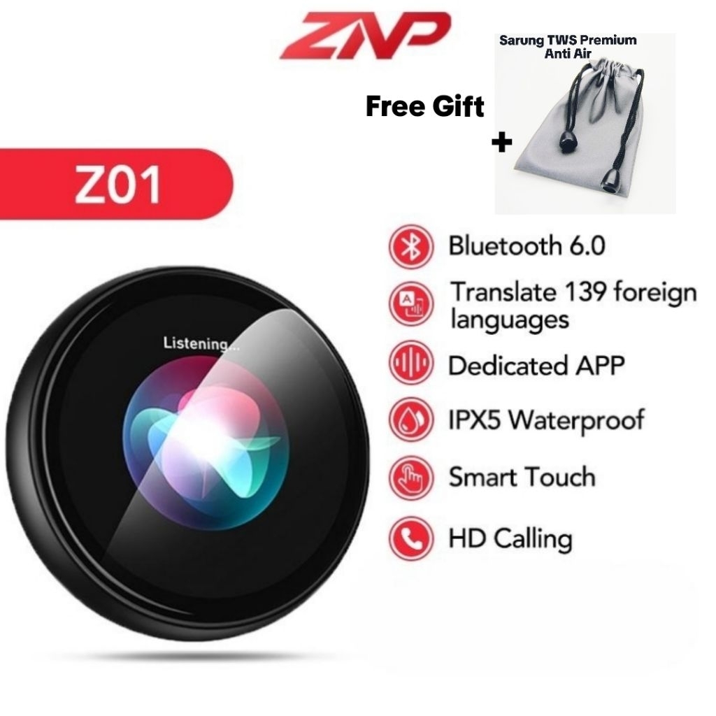 ZNP Z01 AI Dialogue Percakapan Perangkat Pendamping AI 60 Bahasa Terjemah Instan, Asisten Cerdas AI Bluetooth Offline Gratis Sarung TWS