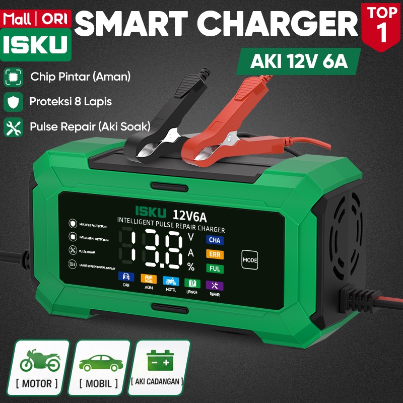 ISKU Charger Aki Otomatis 12V 6A Casan Baterai Mobil Motor Alat Cas Servis Aki Soak Pulse Repair Layar LCD Digital Pengecas Kendaraan Kering Basah AGM LiFePO4 Auto Stop Anti Konslet Aman