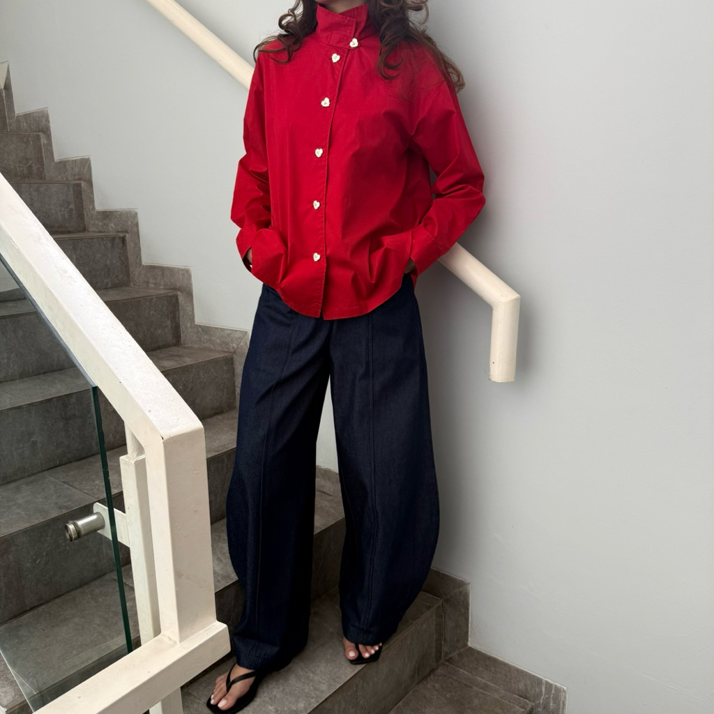 Nabo - Tami Blouse Red Love Button(READY) / Blouse Wanita / Atasan Casual Formal / Outif Kantor / Outfit 17 Agustus