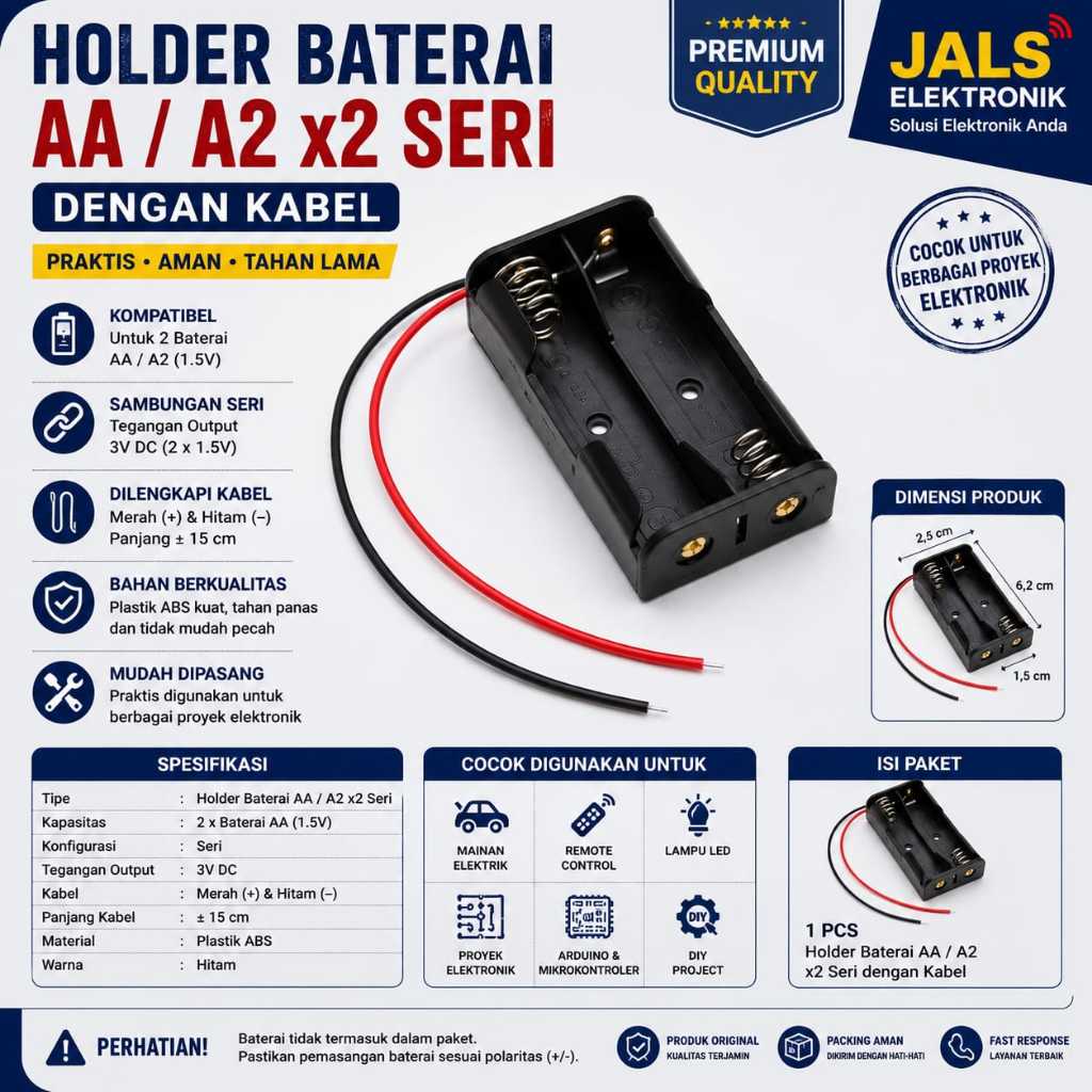 Jual Holder Baterai AA 2 Slot Seri dengan Kabel Battery Holder 2x AA 3V ...
