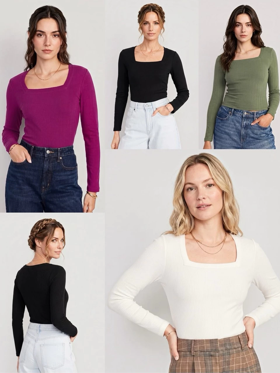 Atasan Lengan Panjang Wanita OLN Fitted Square-Neck Rib-Knit T-Shirt - 2967
