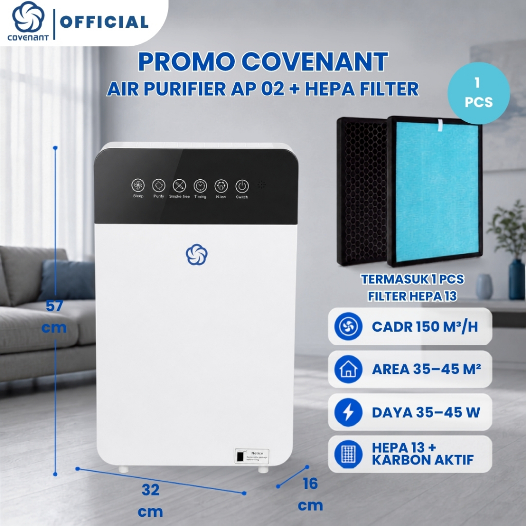Covenant Official PROMO Air Purifier AP-02 Pembersih Udara Ruangan Dengan HEPA Filter 13 dengan Karbon Aktif PM2.5 dan Remote Touch Screen Untuk Kamar Rumah Kantor 35-45m2 Anti Debu Bau Alergen Bulu Hewan Kucing Low Watt 40W