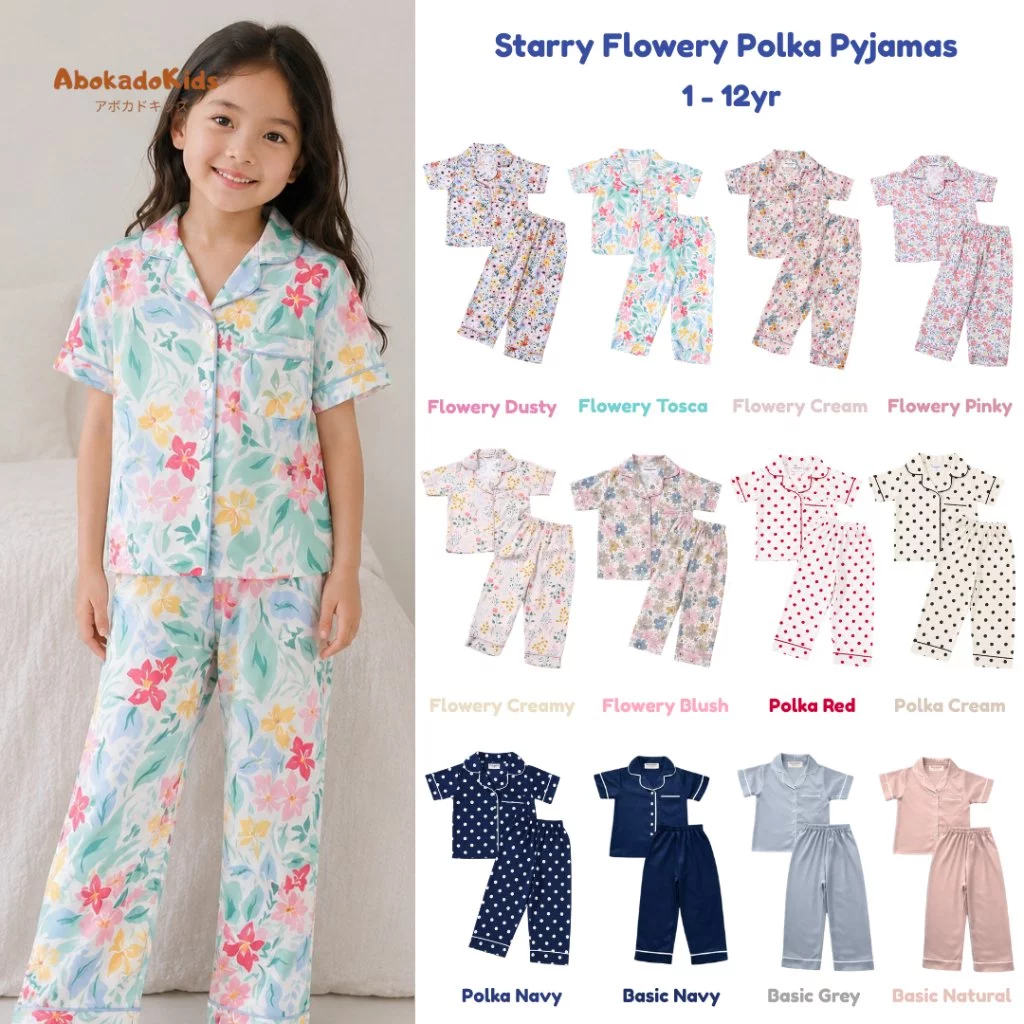 Starry Flowery Polka Pyjamas – Piyama – Setelan Piyama Anak / Baju Tidur Anak 2-10tahun Premium