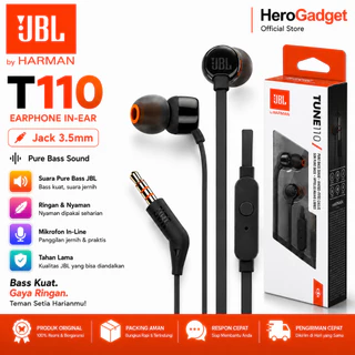 JBL T110 Earphone Headset In-Ear Jack 3.5mm Pure Bass Mikrofon Jernih
