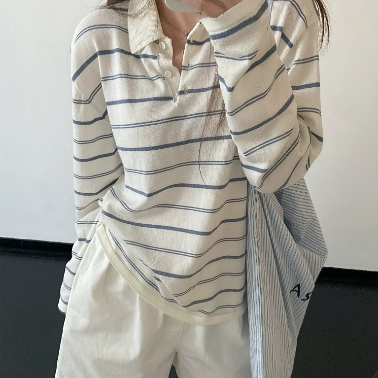 [Premium]Atasan Kasual Wanita Polo Lengan Panjang Motif Garis‑garis Import Quality Jahitan foto 2