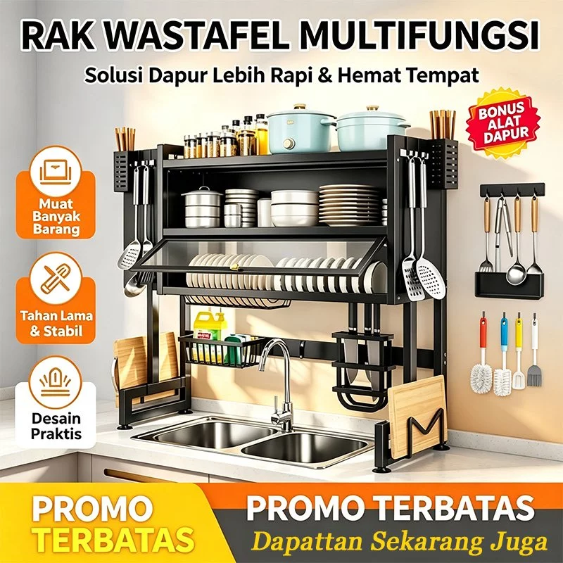 Rak Piring Dapur Stainless Steel – Multifungsi dengan Kabinet & Pengering Mangkuk, Cocok untuk Wastafel