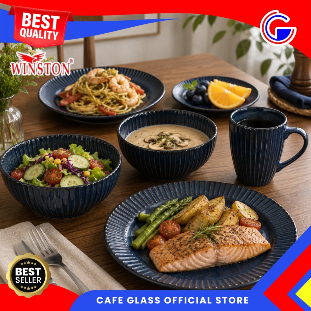 Dinner Set Keramik - Navy Blue Ringgik Garis Ceramic Tableware - Piring/Mangkok/Mug Set Winston