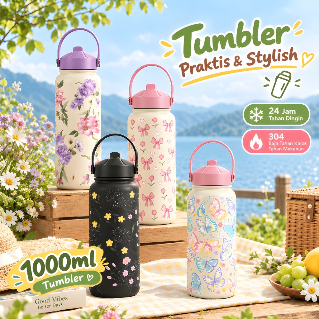 Tumbler Stainless 1000ml Termos Vacuum Motif Pita Mawar Pink Aesthetic Tahan Panas Dingin 24 Jam Botol Minum Portable Premium dengan Sedotan