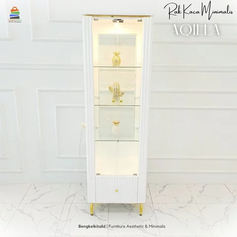 Lemari Kaca Aesthetic Lemari Pajangan Hias - LEMARI AQILLA - Kayu Solid Lampu LED Cat Duco