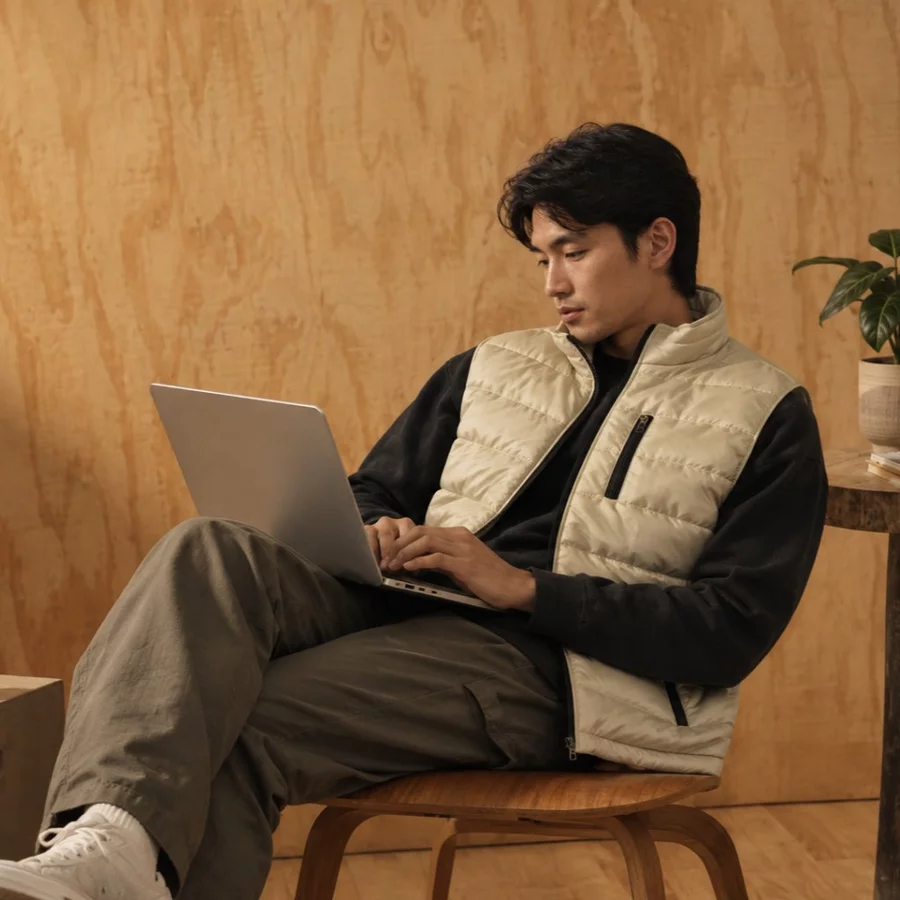 Pria mengenakan vest puffer Masculo warna Butter saat bekerja dengan laptop