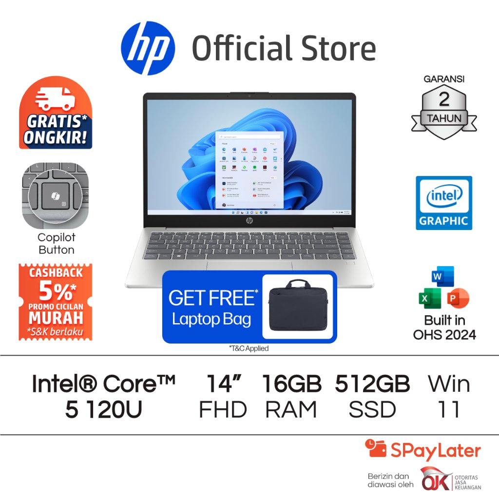 Laptop HP Intel Core 5 Intel Graphics 8GB / 16GB RAM 256GB / 512GB SSD Silver Windows 11 Home 14 Inch Gen 12 Garansi 2 Tahun Promo Murah Gratis Ongkir Official Non Second