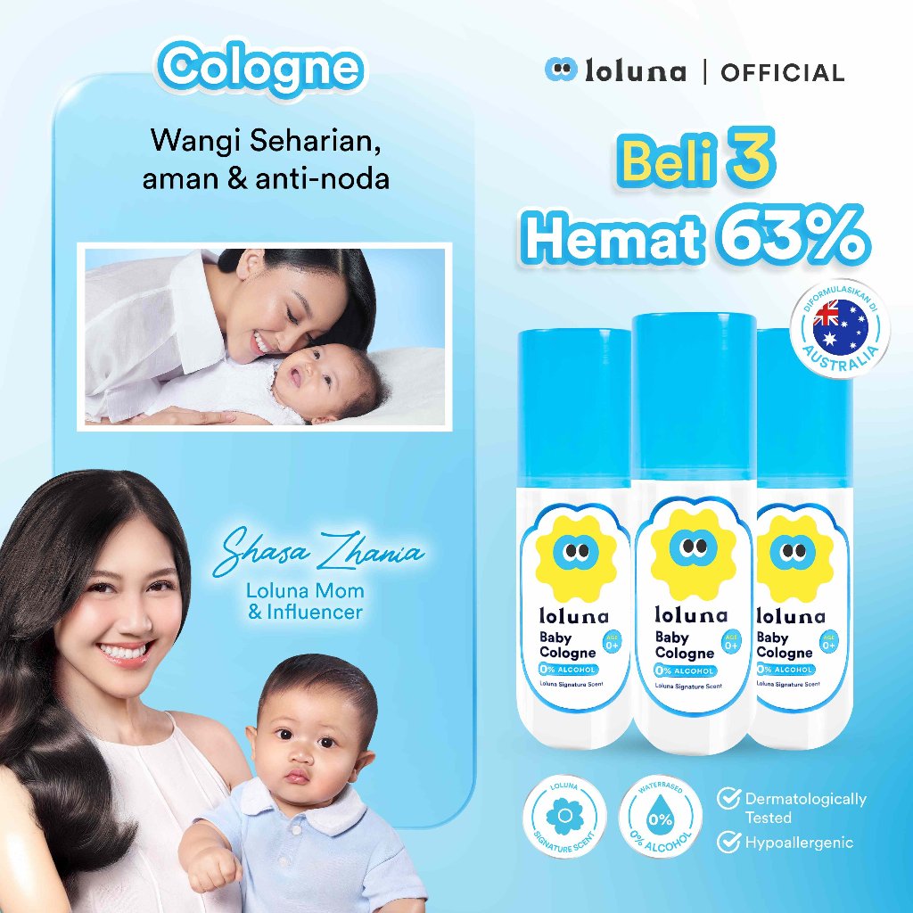 LOLUNA Baby Cologne 100ml - Parfum Bayi & Anak/ 0% Alcohol/ Wangi Premium Khas Bayi/ Tahan 8 Jam+/ Aman untuk Kulit Sensitif dan Newborn/ Dermatologically Tested