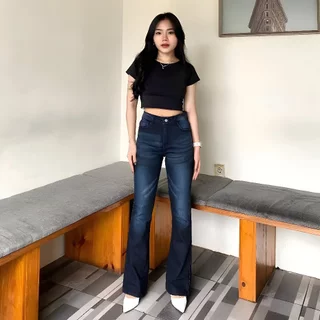 Highwaist Cutbray Jeans Wisker Wanita Loose Premium - Celana Jeans Vintage Kekinian Stretch Melar