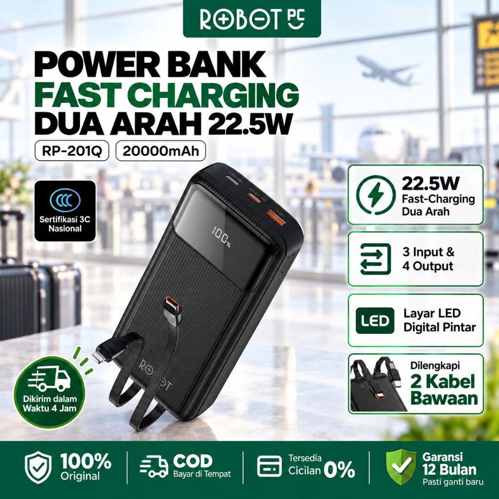 ROBOT Power Bank 20000mAh Fast Charging 22.5W Powerbank LED Digital 4 Output Kabel Type C Lightning Bawaan RP-201Q Garansi 1 Tahun