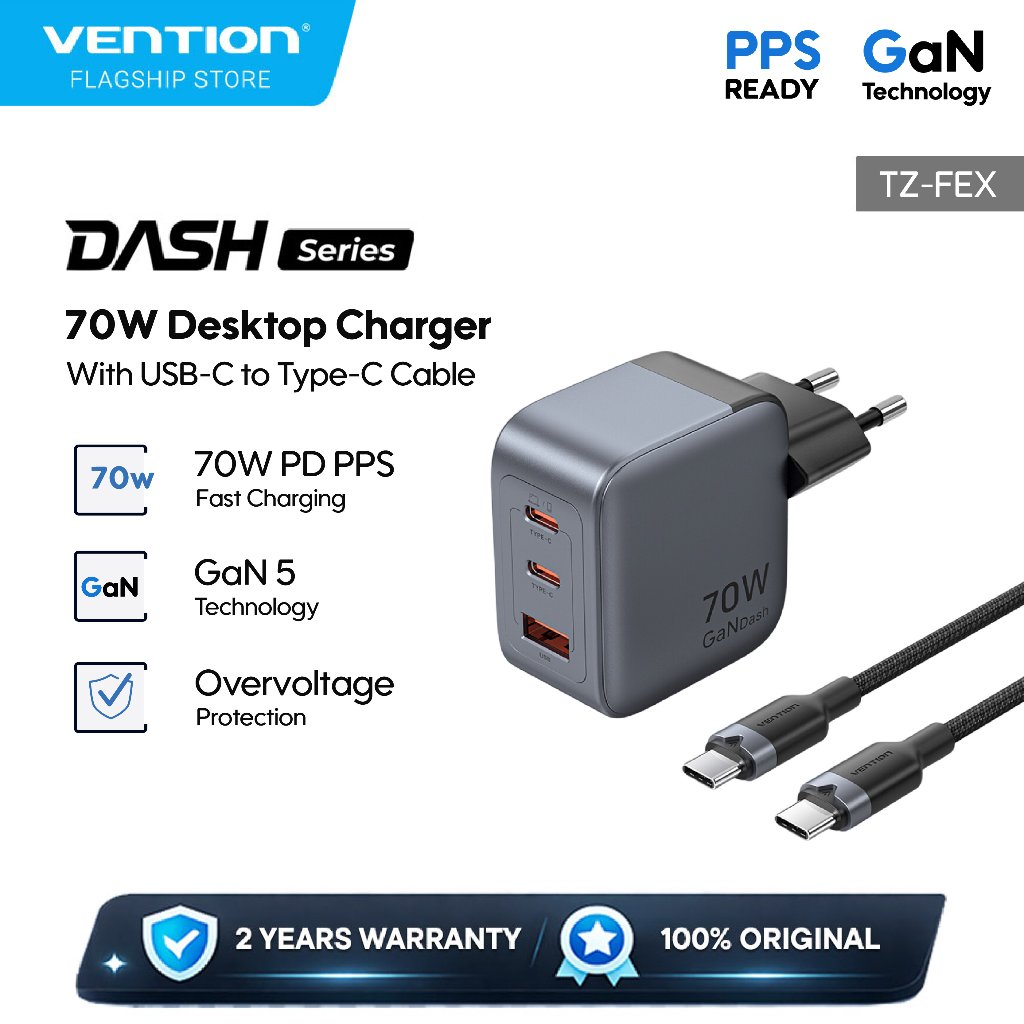 Vention GaN Charger GaNDash GaN Dash Kepala Adaptor 30W 70W PD Quick Charge PPS Set USB Type C For Mac Air Ip 15 16 17 Pro Plus - TZ-FEX