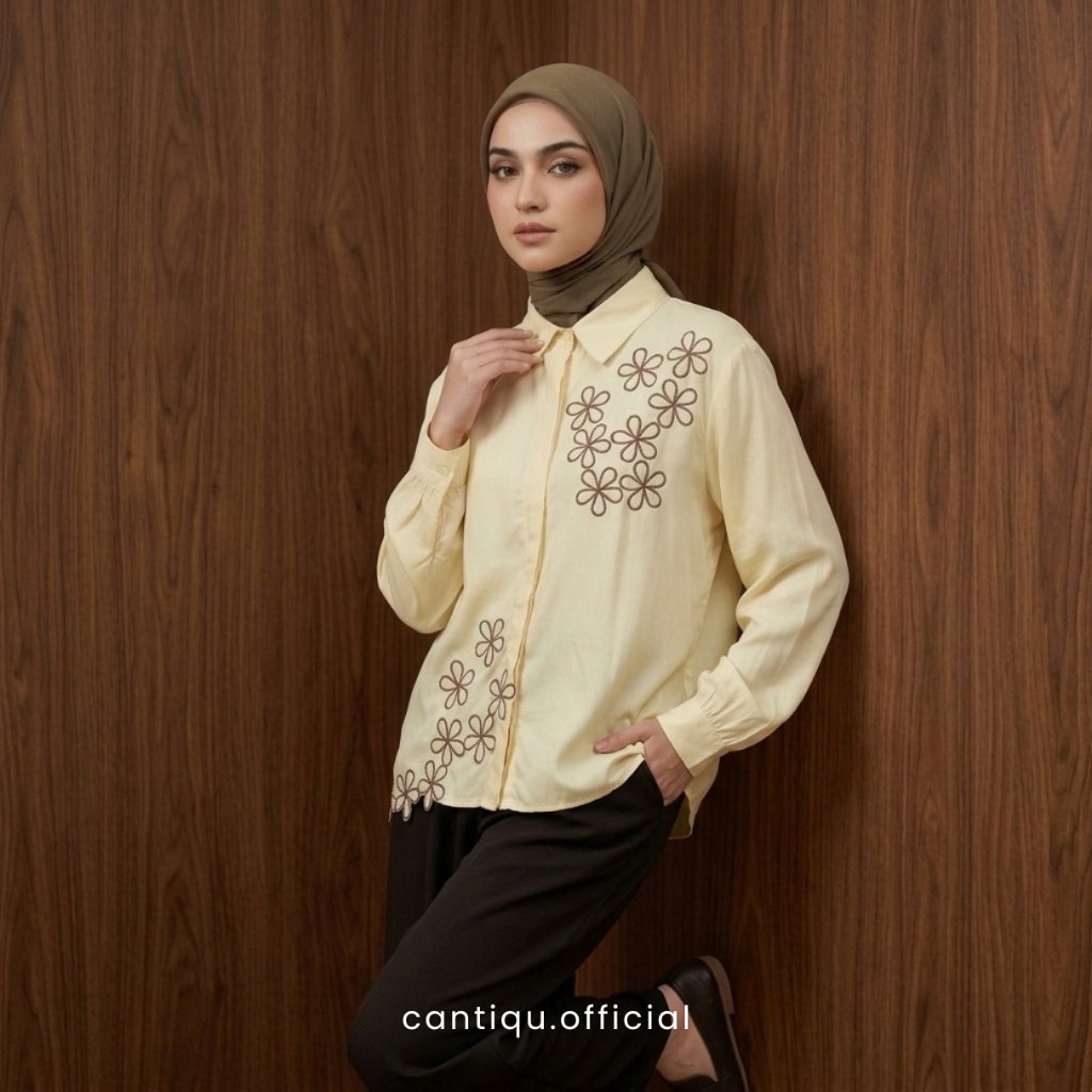 Cantiqu Kemeja Wanita Rayon Kyren Bordir Bunga | Atasan Wanita Lengan Panjang foto 1