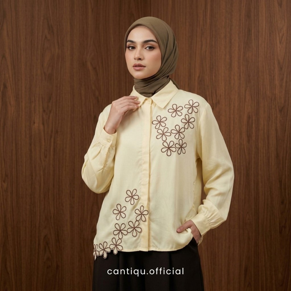 Cantiqu Kemeja Wanita Rayon Kyren Bordir Bunga | Atasan Wanita Lengan Panjang foto 3
