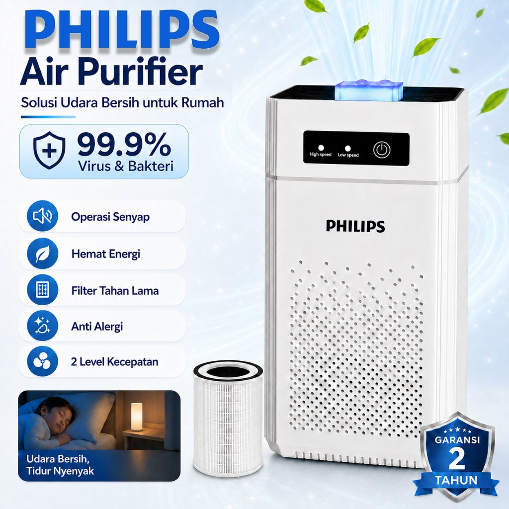 PHILIPS Pembersih Udara Air Purifier Kamar Tidur Rumah HEPA UV Steril Ion Negatif Penyaring PM2.5 Bau Rokok Bakteri Virus Aman untuk Bayi