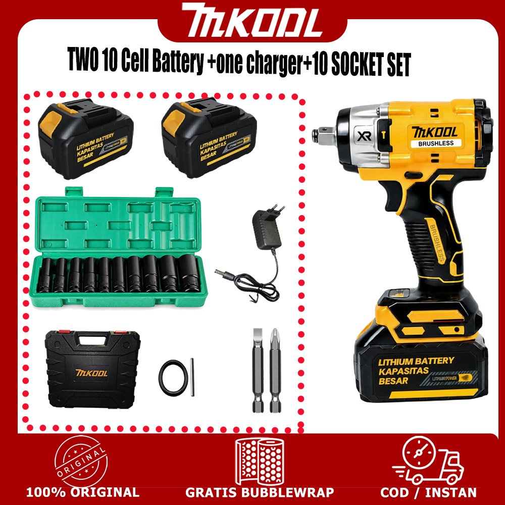 MKODL Impact Wrench Brushless  DK-6002 Cordless Kunci Shock Baterai 2 Baterai 10 Cell + 10 Socket Set Mesin Pembuka Baut Mobil Motor COD