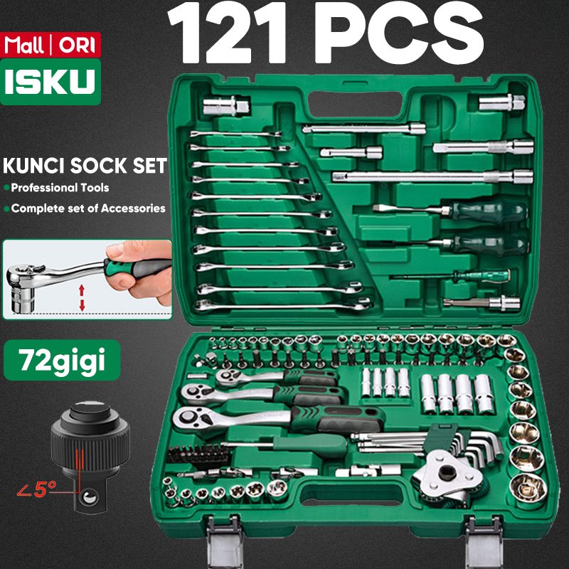 ISKU Kunci Sok Set 121 Pcs 1/2 3/8 1/4 Inci Ratchet 72 Gigi Baja CR-V Mechanic Tool Kit Mata Sok 4-32mm Sok Panjang Bintang E-Socket Bit Torx 11 Kunci Ring Pas 9 Kunci L Kunci Filter Oli Sok Busi Tespen Aki DC Obeng Bengkel Mobil Motor Box Koper