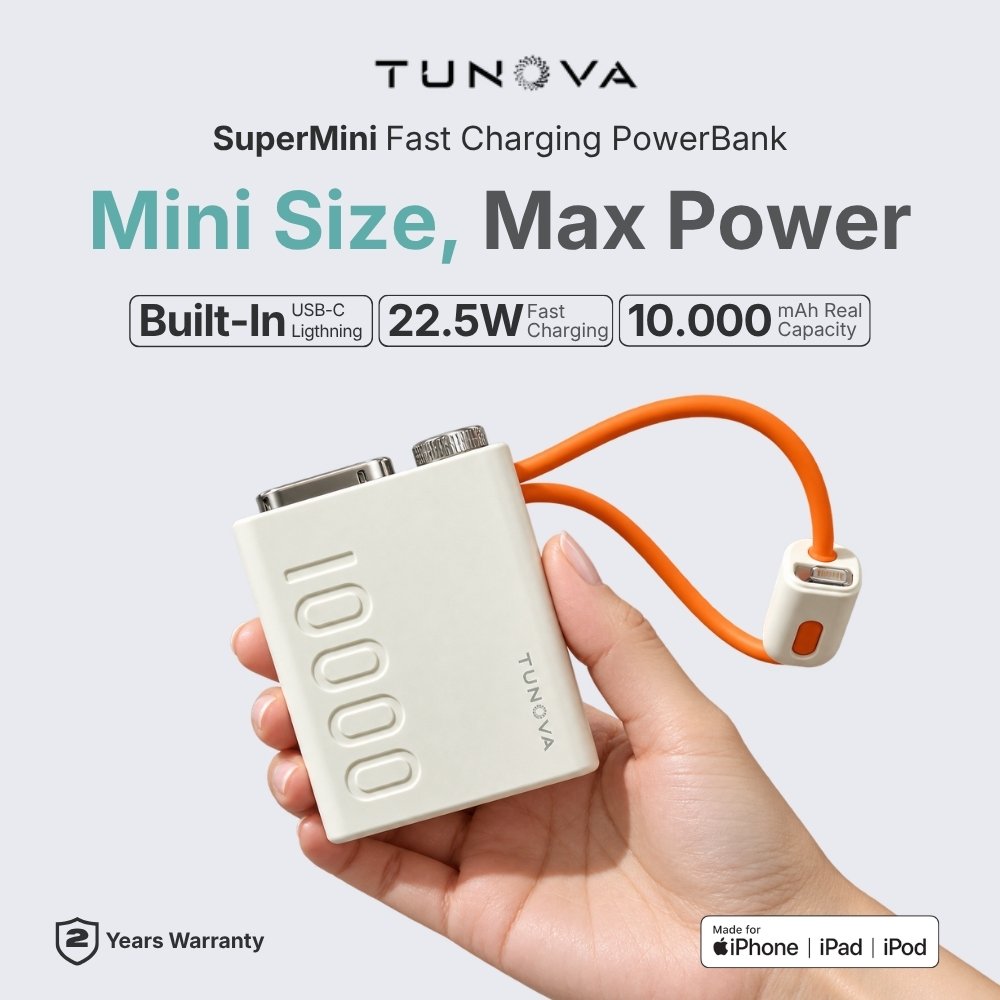 TUNOVA Supermini Powerbank 10000mAh 22.5W Fast Charging | Built-in USB-C & Lightning Cable | CCC Certified