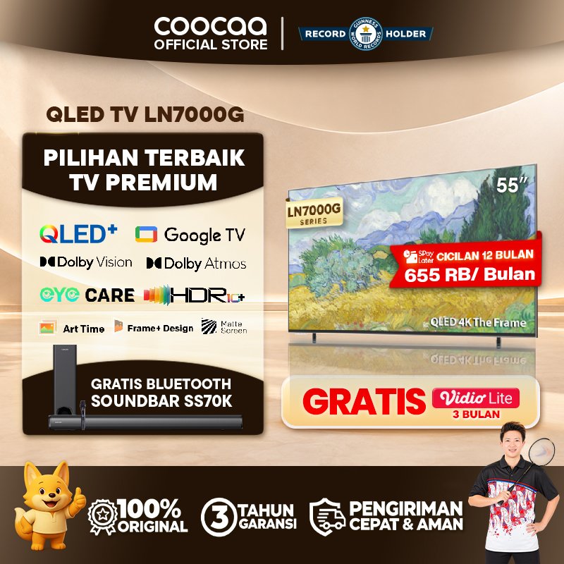 [TERBARU] COOCAA The Frame TV 55 inch LN7000G - 4K QLED-TV+Matte screen - Google TV - Eye Care 5.0 - Dolby Atmos - Dolby Vision - HDR 10+ - Frame+ TV 30 mm (COOCAA 55LN7000G)