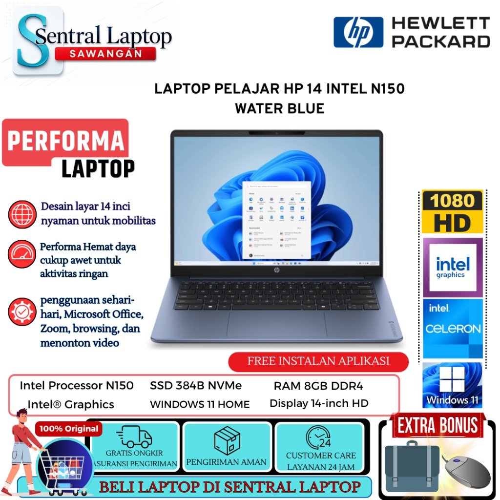 Baru Laptop HP 14 Intel N150 RAM 8GB 384GB SSD 14 Inch Windows 11 home Original + Office