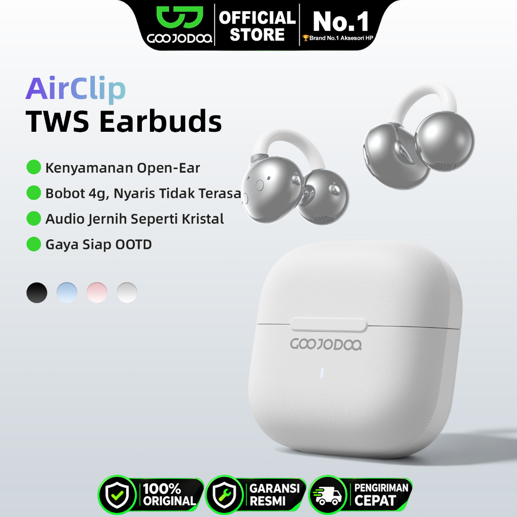 GOOJODOQ J248 Earphone Bluetooth Clip On Open Ear Wireless TWS Baterai Tahan Lama Fast Charging Type C Nyaman Dipakai