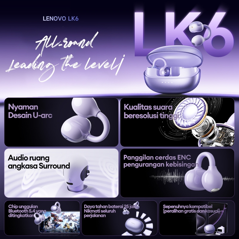 Jual Lenovo Thinkplus LK6 OWS Ear-Clip Headset Bluetooth 5.4 TWS ENC ...