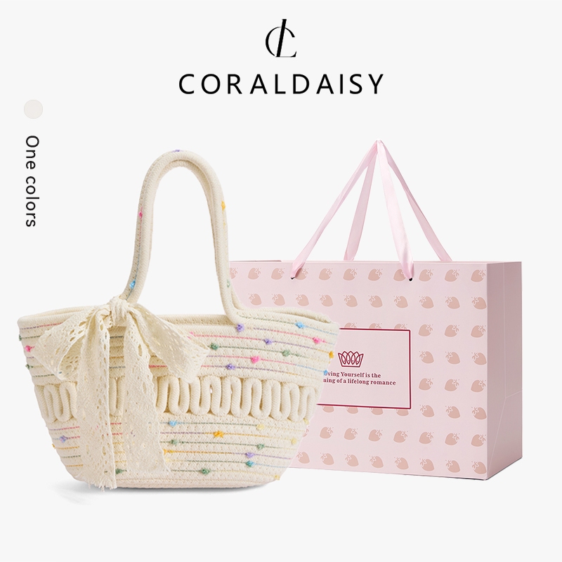 CORALDAISY Tas Wanita 2026 Terbaru Tas Anyaman Elegan Pita Handbag Cute Titik Pewarnaan Tas Tangan