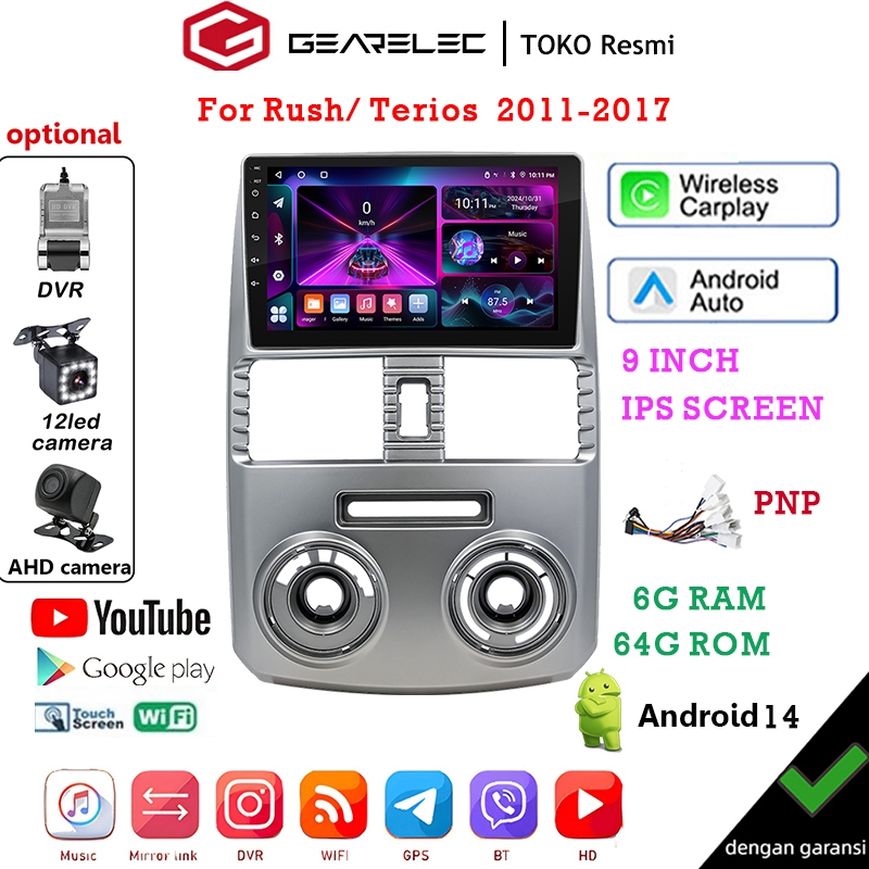 GEARELEC Untuk RUSH/Terios 2011-2017 4G+64G Android 14 Head Unit Termasuk Frame/PNP Soket 9 Inch