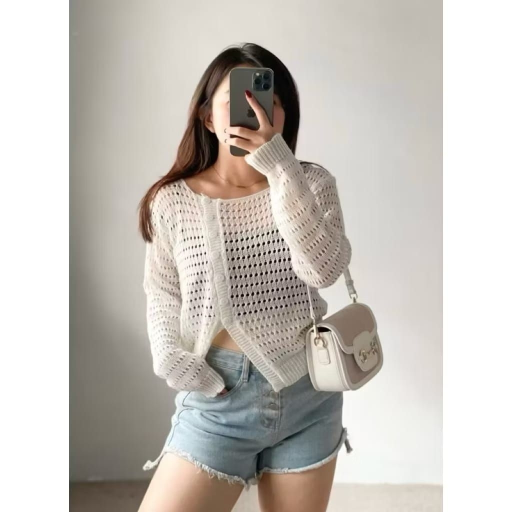 Jual Jessy outer crop top knit Atasan kardigan jaring button Atasan ...