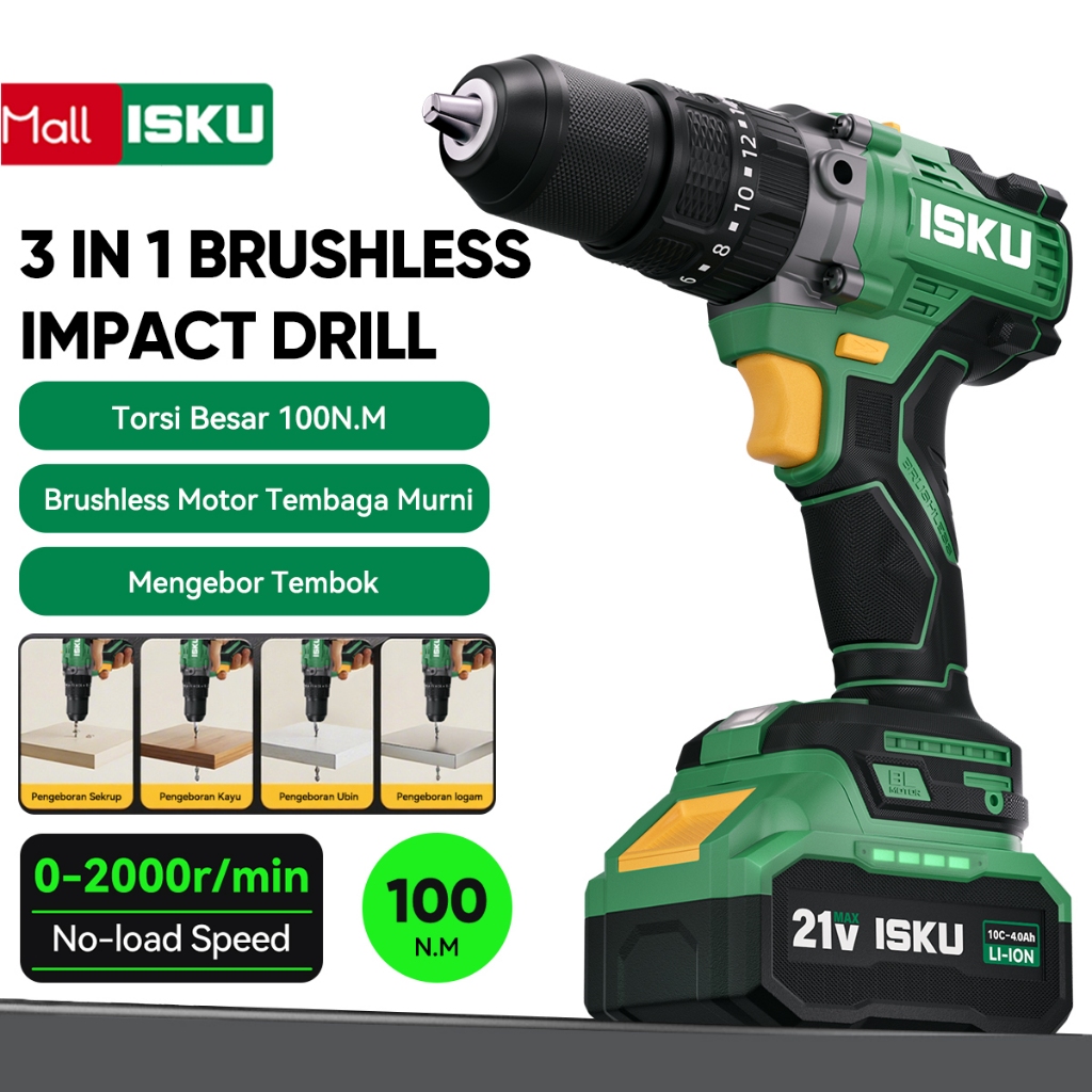 Jual ISKU Bor Impact Drill 100NM 21V Brushless - Mesin Bor Lithium Ion ...