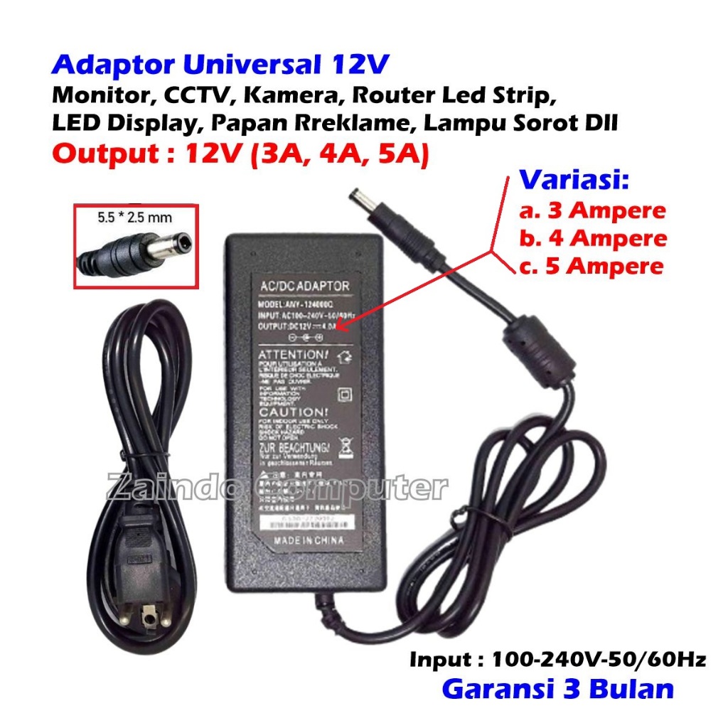 Jual ADAPTOR UNIVERSAL 12V (5.5x2.5MM) ADAPTOR 12V 3A - ADAPTOR 12V 4A ...