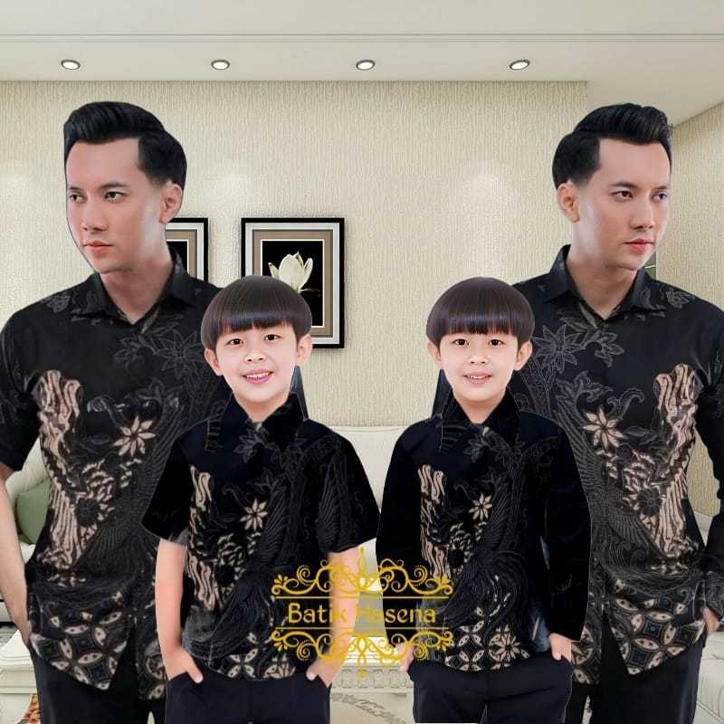 Baju Batik Couple Anak Bapak Bahan Katun Modern Terbaru Warna Hitam