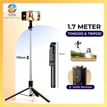 Tongsis Remote Bluetooth 3In1 R1 L 170cm Selfie Stick Portable Flexible 360º Tripod HP 1.7 Meter